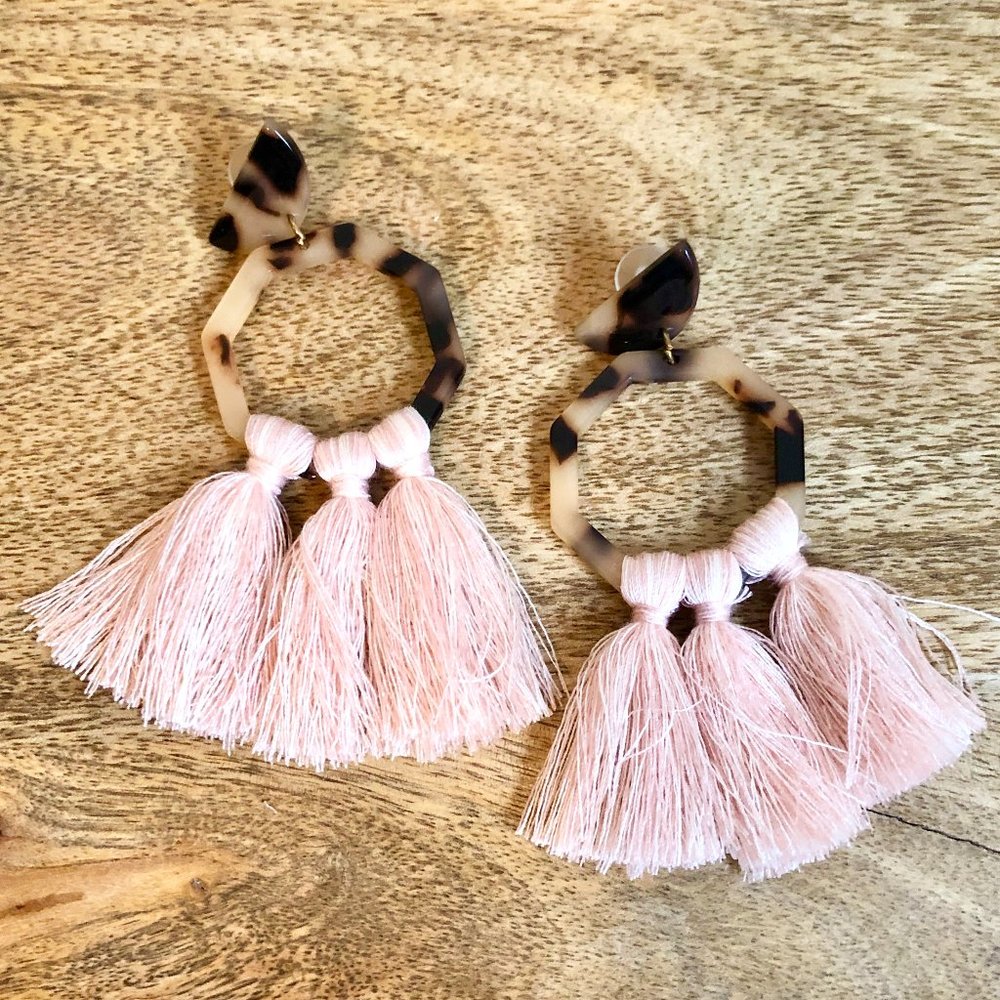 Tortoiseshell & Pink Tassel Earrings